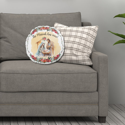 Watercolor nativity and roses photo round pillow