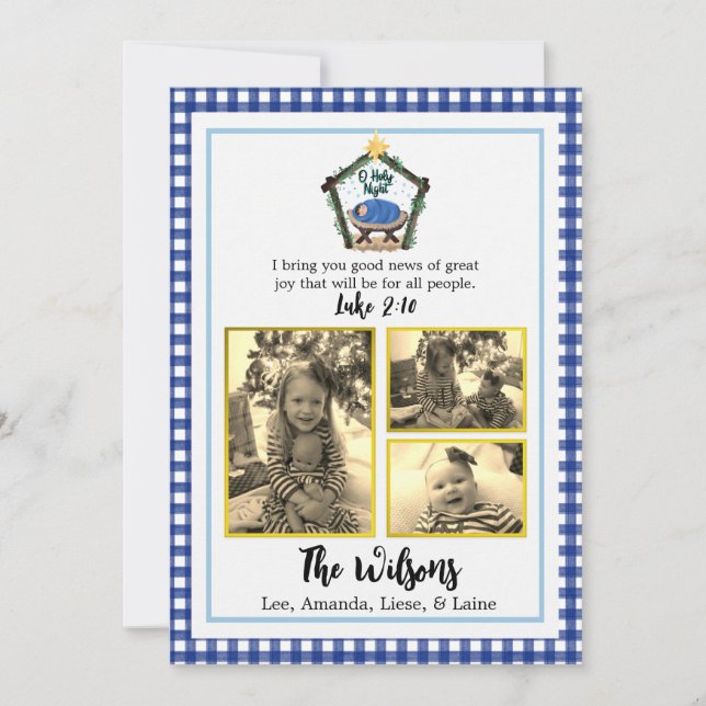 Watercolor Nativity Blue Plaid Christmas Card (Front)