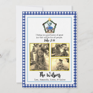 Watercolor Nativity Blue Plaid Christmas Card