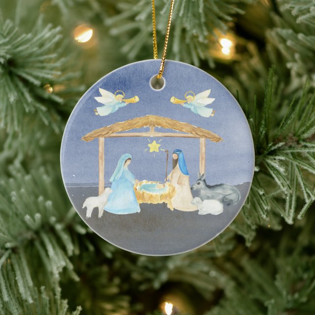 Watercolor Nativity Christmas Ceramic Ornament (Tree)