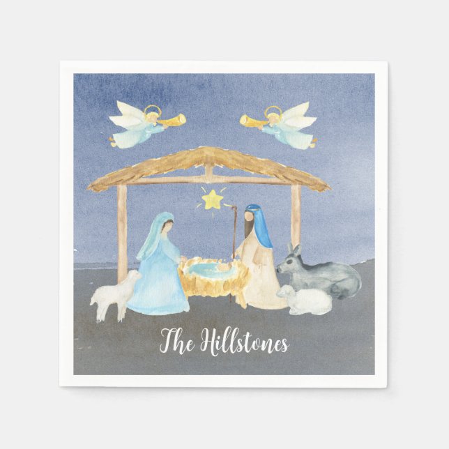 Watercolor Nativity Christmas Napkins (Front)