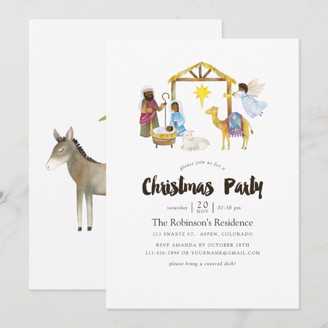 Watercolor Nativity Christmas Party Invitation (Front/Back)