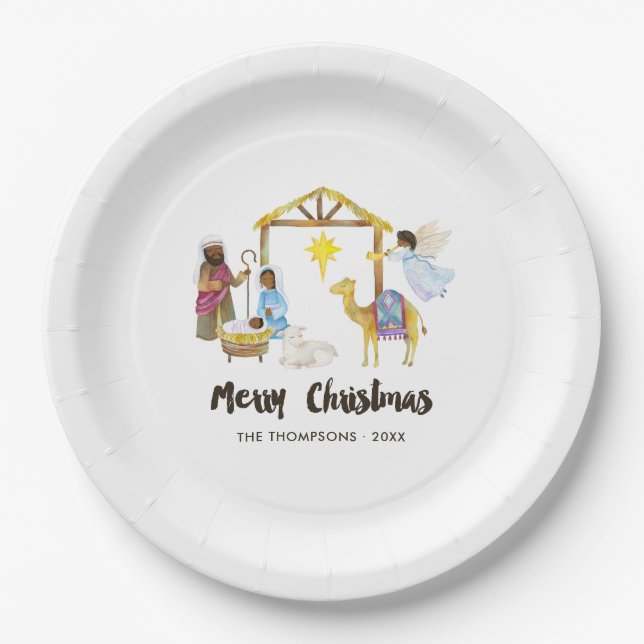 Watercolor Nativity Christmas Party Paper Plates (Front)