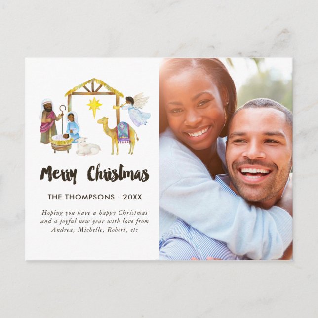 Watercolor Nativity Christmas Photo Announcement Postcard (Front)