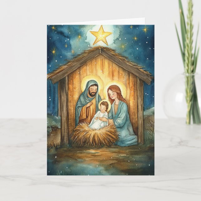 Watercolor Nativity, Christmas Star Radiance Card (Front)
