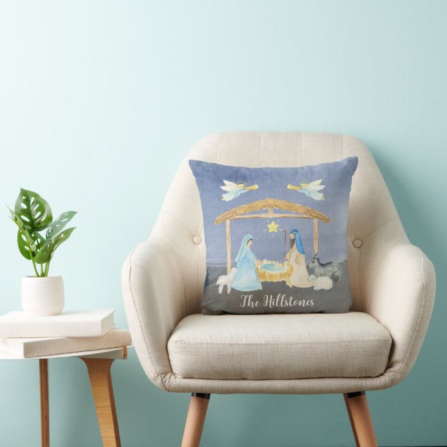 Watercolor Nativity Christmas Throw Pillow (Chair)