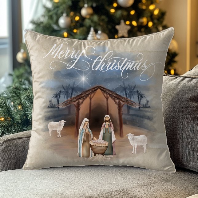 Watercolor Nativity Manger Merry Christmas Throw Pillow (Creator Uploaded)