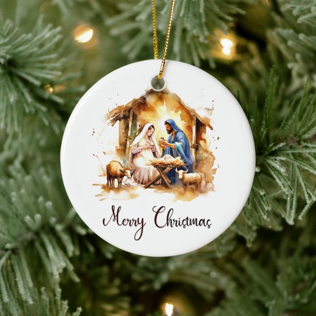Watercolor Nativity Merry Christmas Ceramic Ornament (Tree)