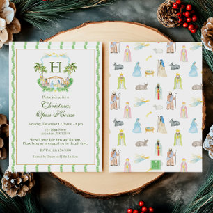 Watercolor Nativity Monogram Crest Christmas Invitation