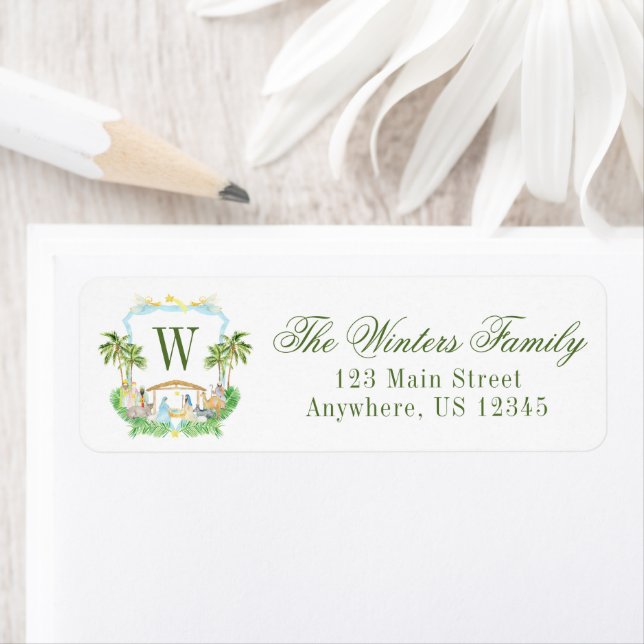 Watercolor Nativity Monogram Crest Christmas Label (Insitu)