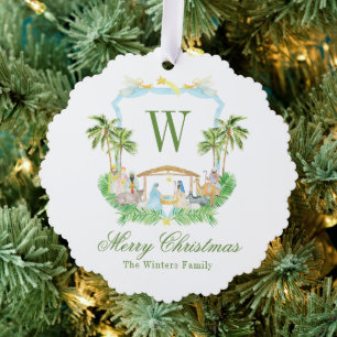 Watercolor Nativity Monogram Crest Christmas Ornament Card