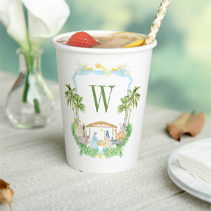 Watercolor Nativity Monogram Crest Christmas Paper Cups