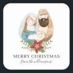 Watercolor Nativity Pretty Christmas | Name Square Sticker<br><div class="desc">These simple, stylish stickers feature a hand painted watercolor Nativity scene (Baby Jesus, Mary, and Joseph), along with a poinsettia floral design. Text templates are included for a greeting and personalization. Great for use as envelope seals, favor labels, gift tags, and more! Remind your friends and family about the true...</div>