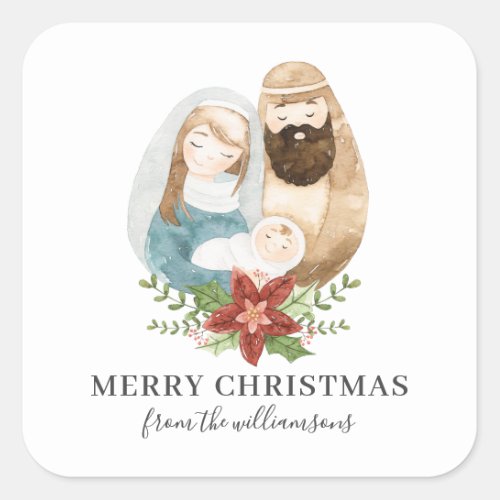 Watercolor Nativity Pretty Christmas  Name Square Sticker