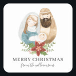 Watercolor Nativity Pretty Christmas | Name Square Sticker<br><div class="desc">These simple, stylish stickers feature a hand painted watercolor Nativity scene (Baby Jesus, Mary, and Joseph), along with a poinsettia floral design. Text templates are included for a greeting and personalization. Great for use as envelope seals, favor labels, gift tags, and more! Remind your friends and family about the true...</div>