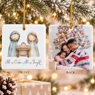 Watercolor Nativity Scene All Is Calm Photo Ceramic Ornament