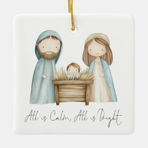 Watercolor Nativity Scene All Is Calm Photo Ceramic Ornament