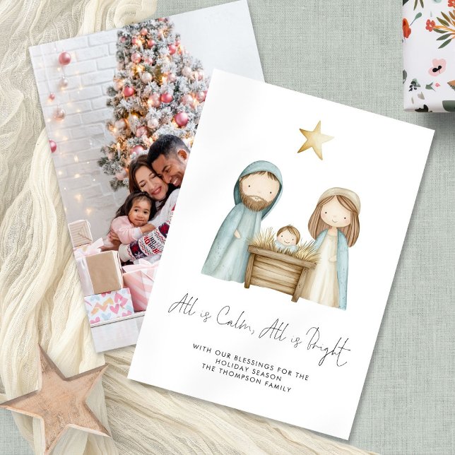 Watercolor Nativity Scene All Is Calm Photo Holiday Card (Front and back view - add your own photo o the reverse)