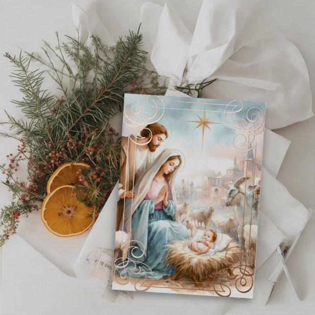 Watercolor Nativity Scene Foil Holiday Card (Creator Uploaded)