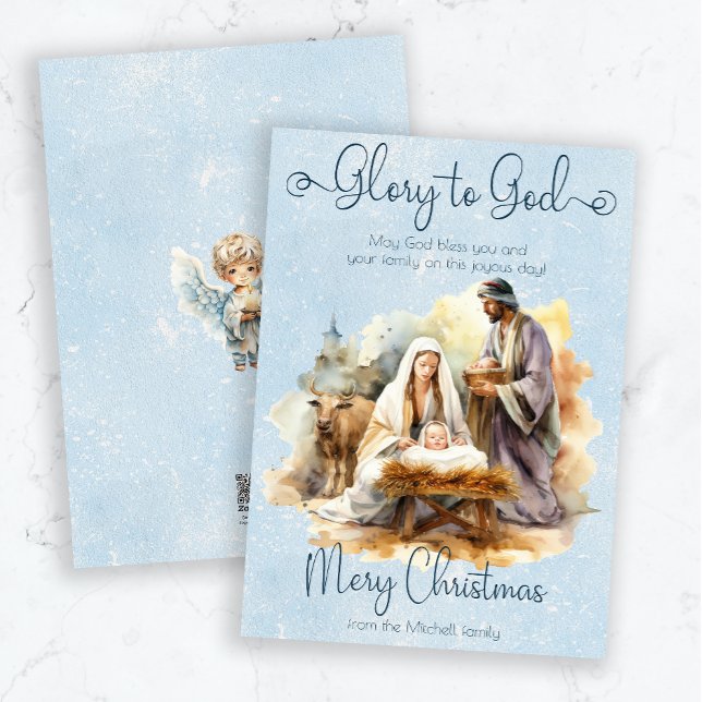 Watercolor Nativity Scene Glory to God Christmas Holiday Card (Creator Uploaded)