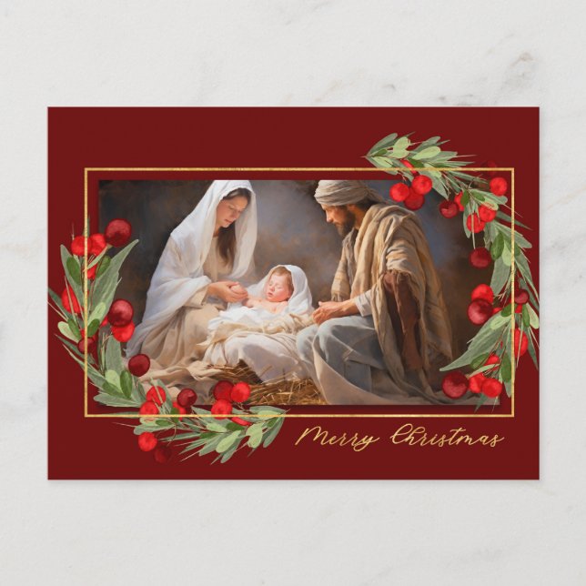 Watercolor Nativity Scene Glory to God Holiday Postcard (Front)