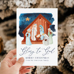 Watercolor Nativity Scene Glory to God Non-Photo Holiday Card<br><div class="desc">Celebrate the reason for the season with our beautiful nativity scene Christmas card. The religious Christmas card features a watercolor nativity scene with "Glory to God" displayed in a navy blue calligraphy script. Personalize the front of the non-photo Christmas card by adding a custom greeting and your family's name. The...</div>