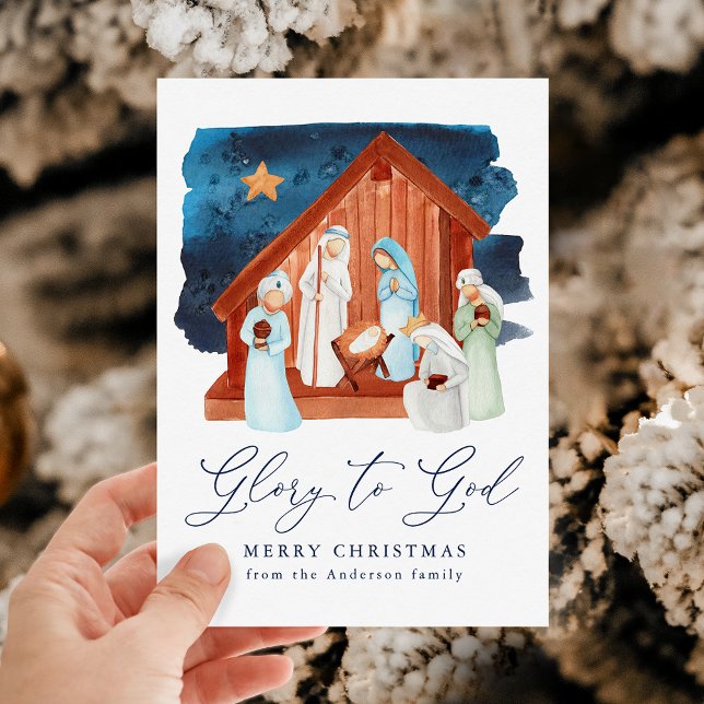 Watercolor Nativity Scene Glory to God Non-Photo Holiday Card (Creator Uploaded)