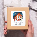 Watercolor Nativity Scene Glory to God Square Sticker<br><div class="desc">Elegant Christmas stickers featuring a watercolor nativity scene with "Glory to God" displayed in a dark blue script. Personalize the nativity scene stickers with your family name or custom text.</div>