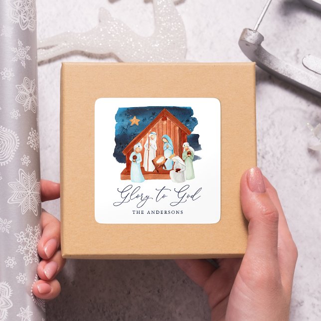 Watercolor Nativity Scene Glory to God Square Sticker (Creator Uploaded)