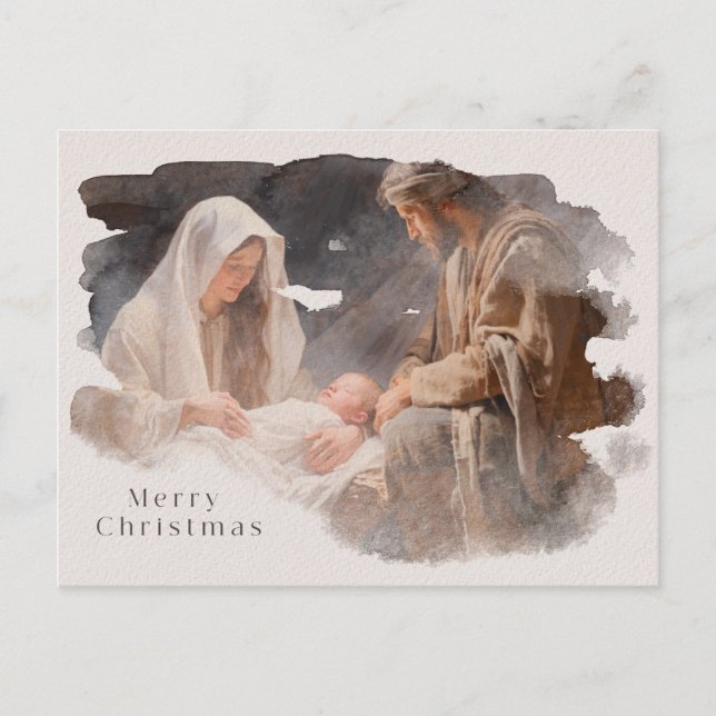 Watercolor Nativity Scene Holiday Postcard (Front)