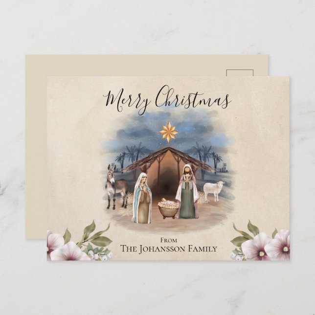 Watercolor Nativity Scene Holiday Postcard (Front/Back)