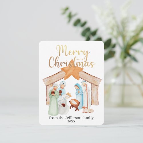 Watercolor Nativity Scene Merry Christmas Holiday Card