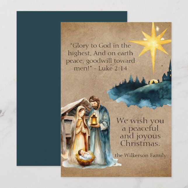 Watercolor Nativity Scene Prayer Parchment Holiday Card (Front/Back)