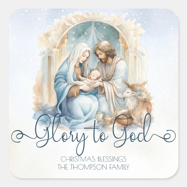 Watercolor Nativity Scene Religious Christmas Square Sticker (Front)