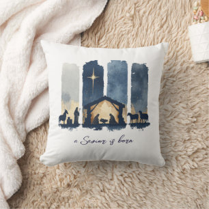 Watercolor Nativity Scene Religious Holiday Throw Pillow