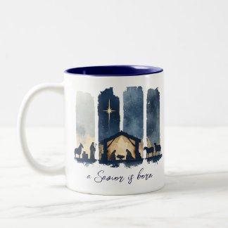 Watercolor Nativity Scene Religious Holiday Two-Tone Coffee Mug
