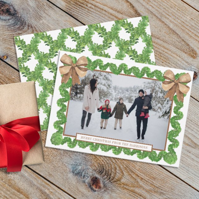 Watercolor Natural Burlap Bow Garland Photo Holiday Card (Creator Uploaded)