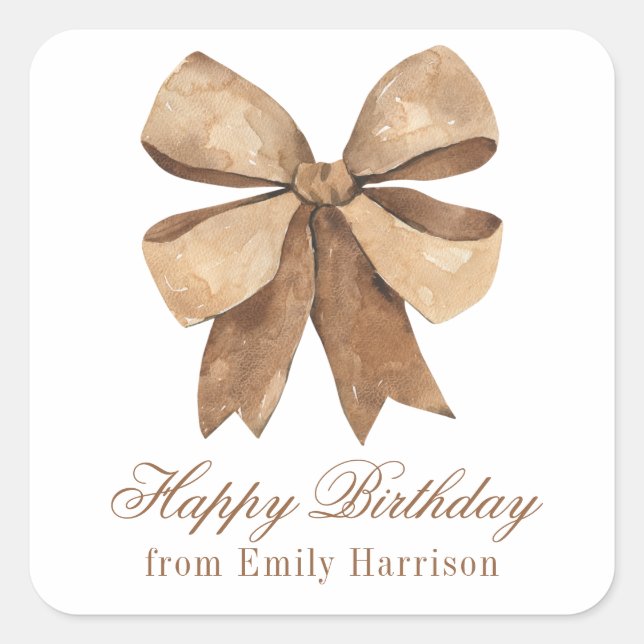 Watercolor Natural Burlap Bow Square Sticker (Front)