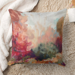 Watercolor nature colorful orange red green blue throw pillow