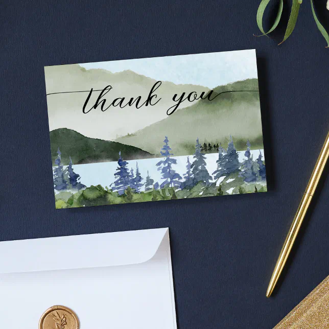 Watercolor Nature Forest Mountain Outdoor Wedding Thank You Card | Zazzle