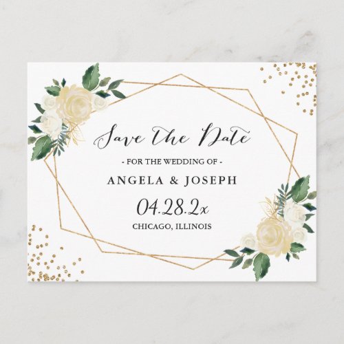 Watercolor Nature Green Gold Floral Save the Date Announcement Postcard