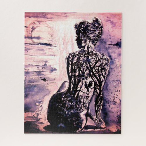 Watercolor _ Nature Lady _ Black and White Art Jigsaw Puzzle
