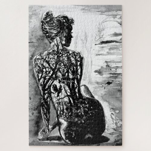Watercolor _ Nature Lady _ Black and White _ Jigsaw Puzzle