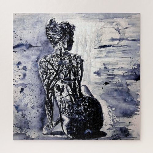 Watercolor _ Nature Lady _ Black  White Jigsaw Puzzle