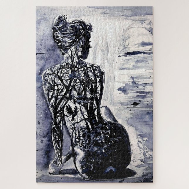 Watercolor - Nature Lady - Black & White - Jigsaw Puzzle (Vertical)