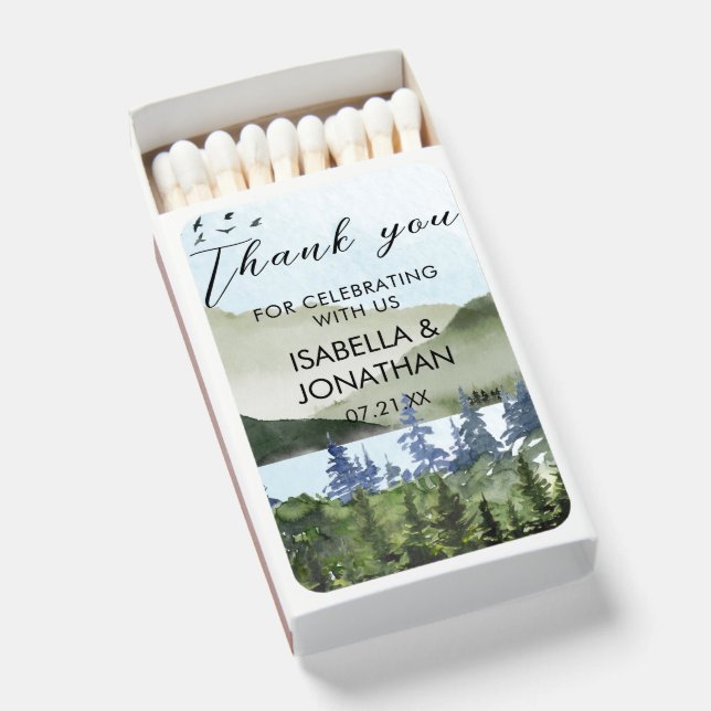 Watercolor Nature Lake Thank You Wedding Favors Matchboxes (Front Open)