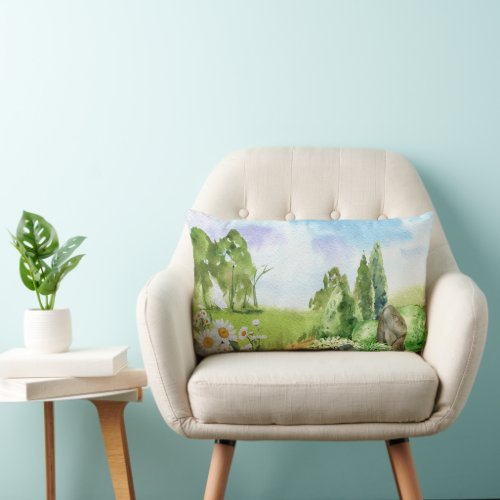 Watercolor Nature Landscape and Daisy Flowers Lumbar Pillow