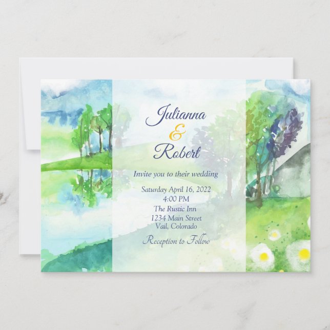 Watercolor nature landscape wedding invitation (Front)