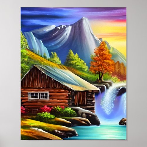 Watercolor Nature Mountain Waterfall Painting Poster