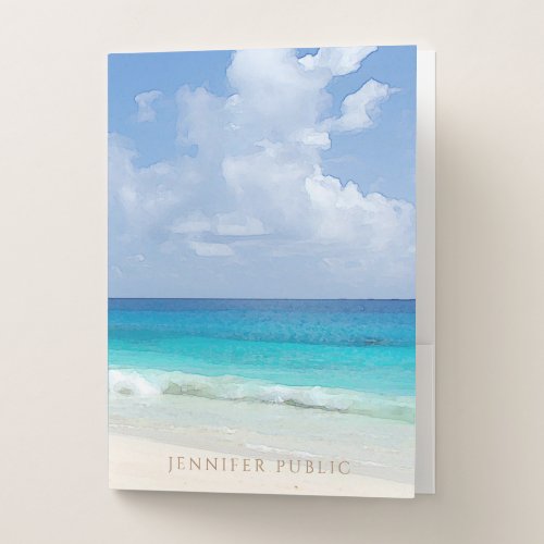 Watercolor Nature Sea Waves Clouds Template Trendy Pocket Folder